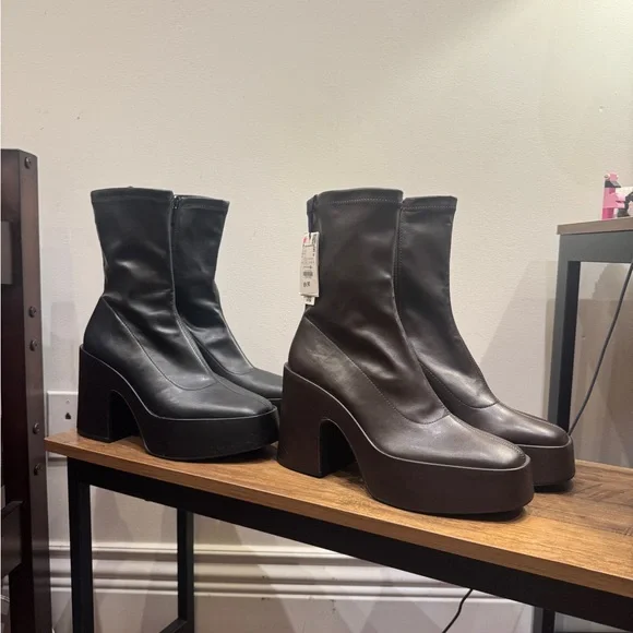 Zara | Shoes | Zara Black And Brown Heeled Boots With Chunky  display picture 2